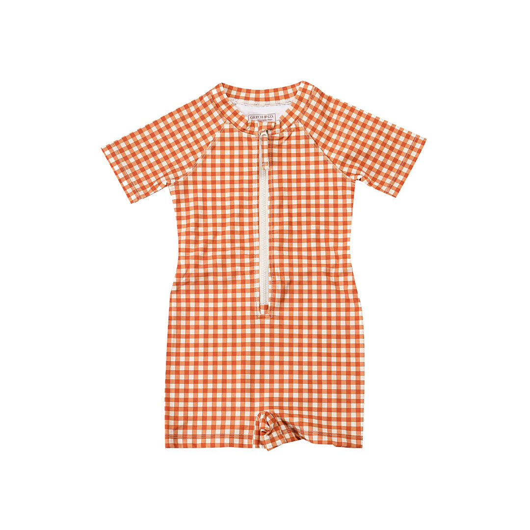 GRECH & CO. Short Sleeve Rashguard Swimsuit | UPF + Recycled - Sienna Gingham