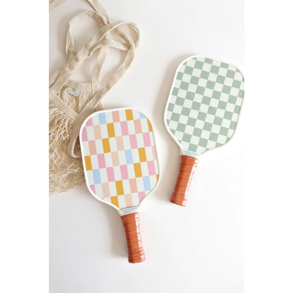Polished Prints Mini Pickleball Starter Kit with Checkered Paddles and Brown Handles